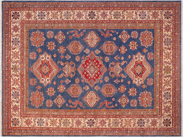 handmade Geometric Super Kazak Blue Beige Hand Knotted RECTANGLE 100% WOOL area rug 8x10